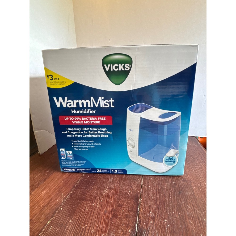 Vicks Warm Mist Humidifier VWM845 Filter Free 1 Gallon Blue White New